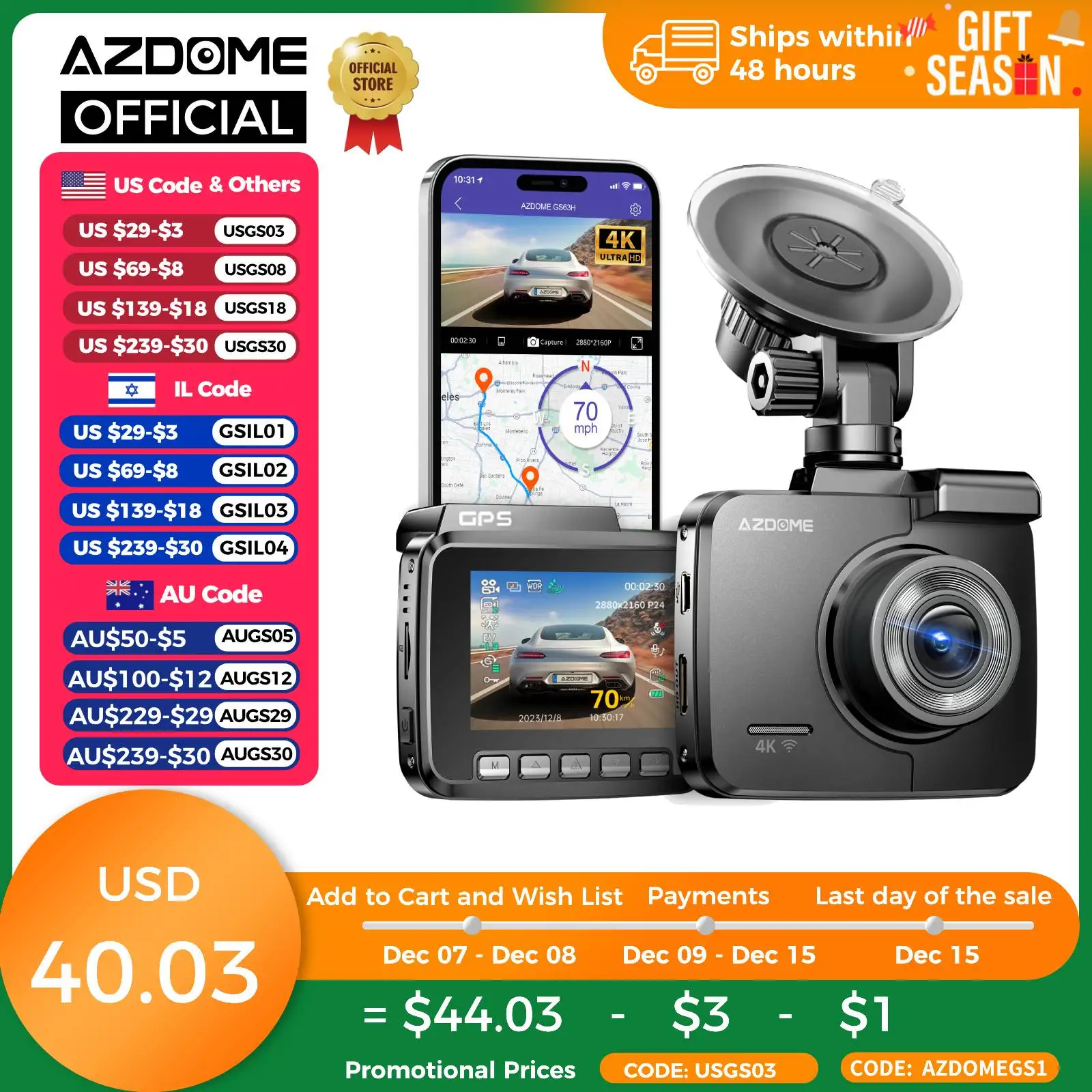 AZDOME Dash Cam GS63H 4K HD Dash Car Camera Night Vision WDR Car DVR Built-In GPS Wi-Fi G-Sensor Motion Detection