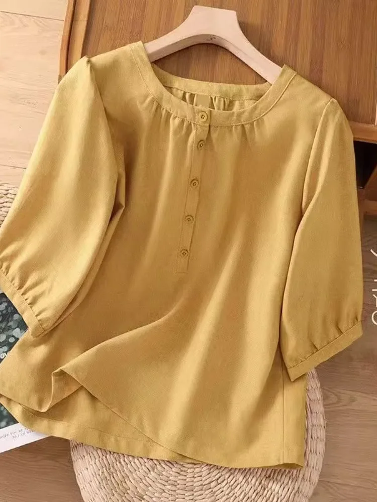 ルーズコットンリネン半袖ラウンドネック半袖tシャツレディース夏カジュアルウェア大きいサイズポケットハンカチ