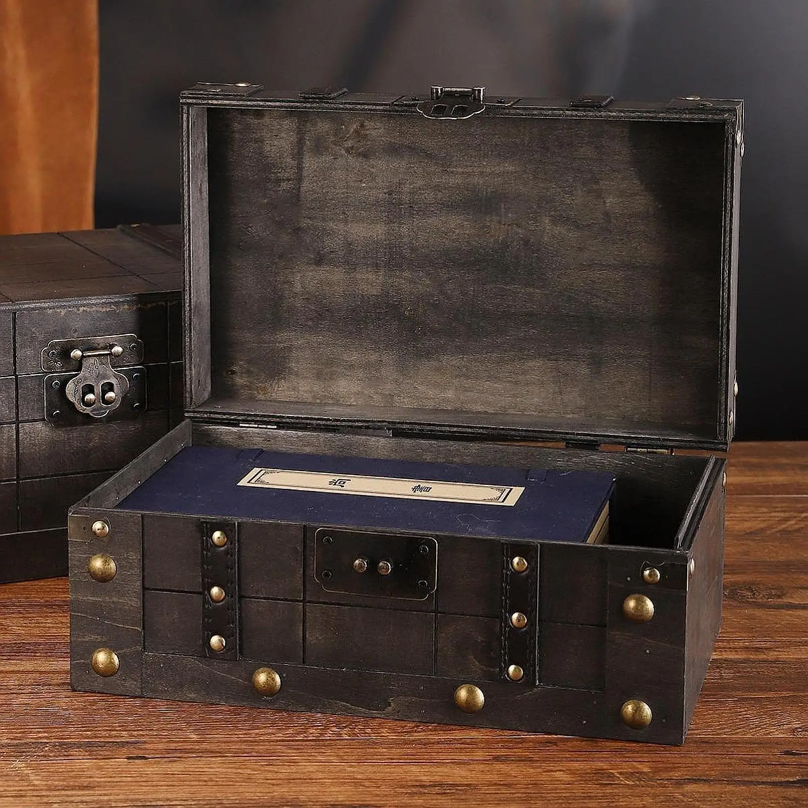 Pirate Treasure Chest Wooden Storage Box Antique Finish with Hinged Lid Sturdy Organizer for Jewelry Photos Decor