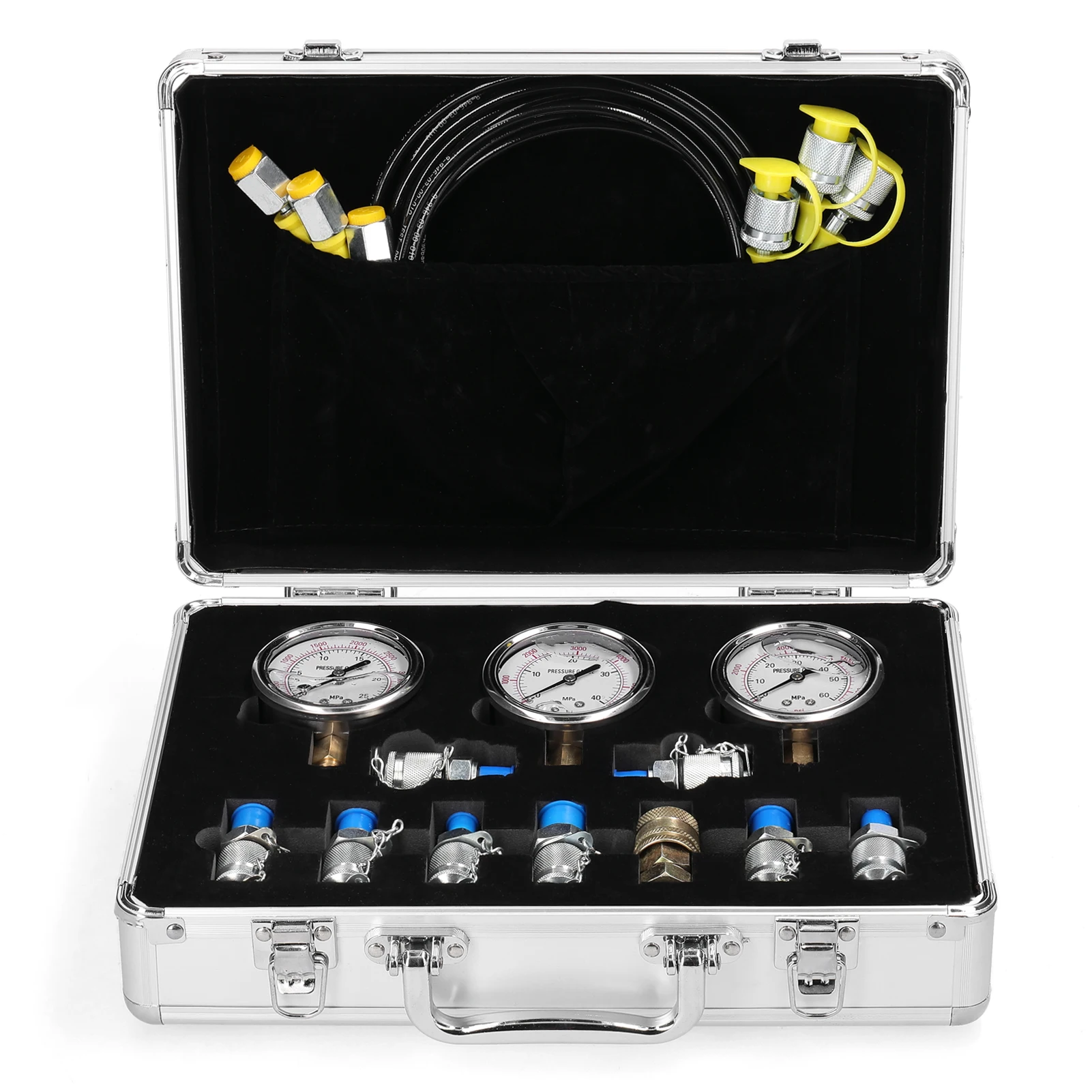 Kit di test idraulico professionale con 9 accoppiamenti multi-dimensione e 3 manometri per macchine edili con escavatori