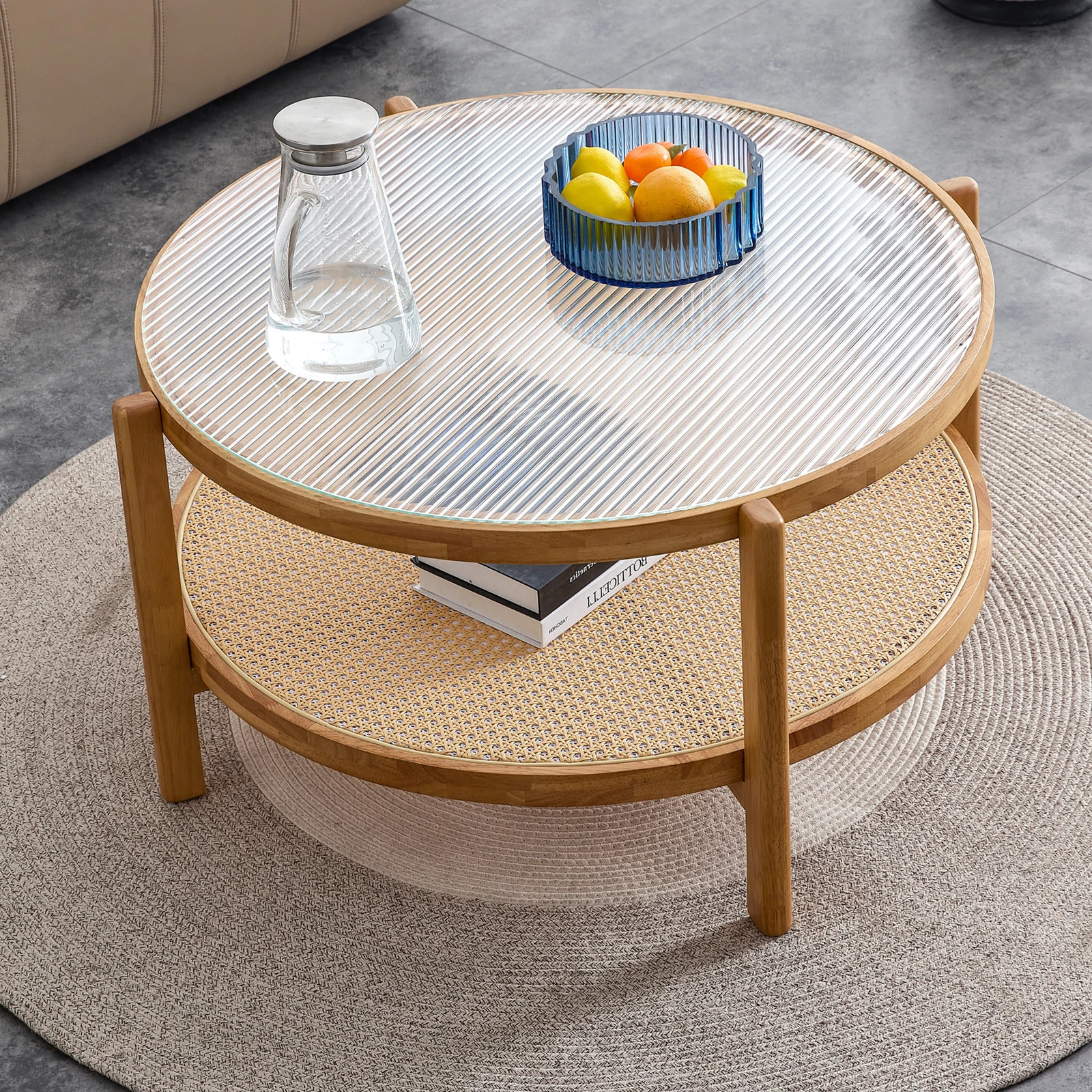 

Round Coffee Table with Glass Tabletop & Rattan Woven Shelf 2-Tier Coffee Table