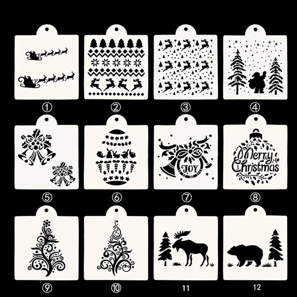 

12Pcs Christmas Cake Stencils Elk Santa Claus Spray Stencils Baking Mold DIY Template Party Decoration Christmas Cake