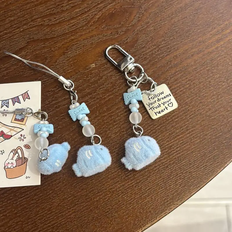 Chaveiro de peixe fofo de desenho animado – material de flocagem de pelúcia com cauda frisada, alça de telefone Kawaii e presente de pingente de bolsa