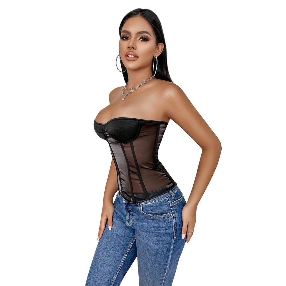 Donne Sexy Sheer Mesh Patchwork Bustier Top corsetto Vintage senza spalline Lace-Up Back Overbust vita Cincher