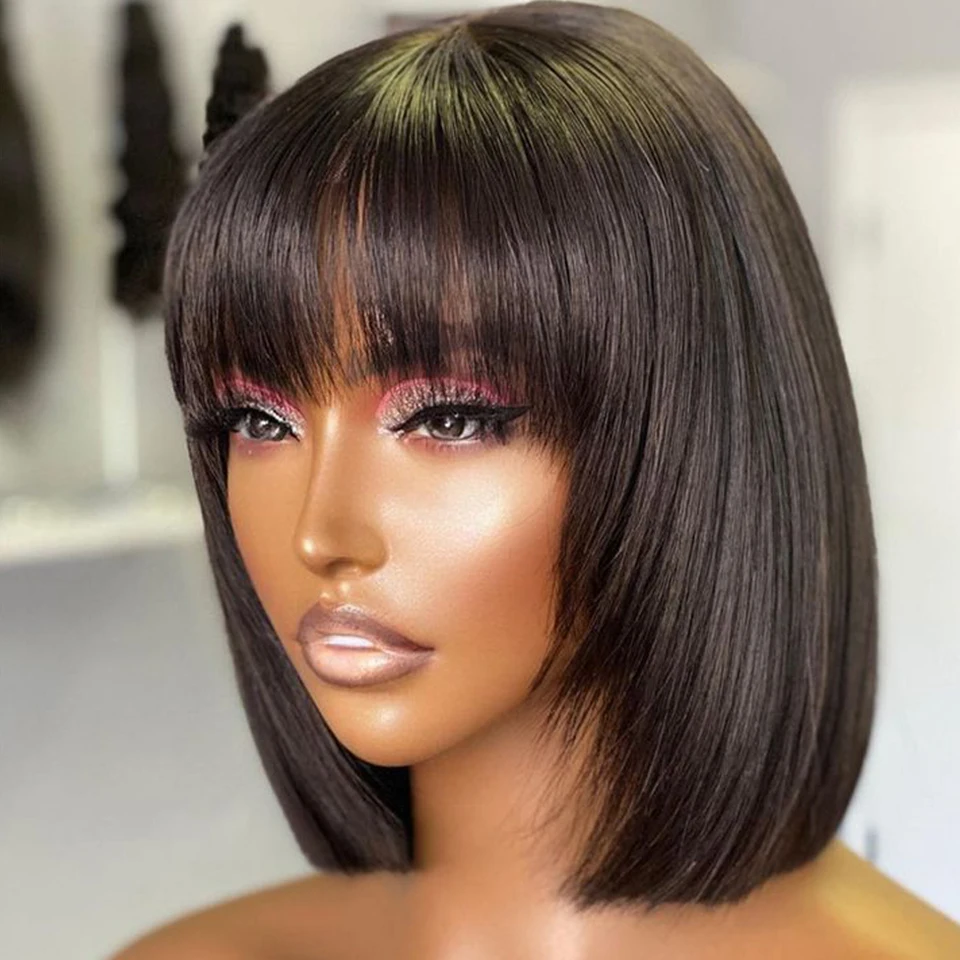 Brazilian Short Straight Hair Bob Wigs Human Hair Wig With Bangs Remy Full Machine Made Wig for Women Non Lace Glueless Bob Wig