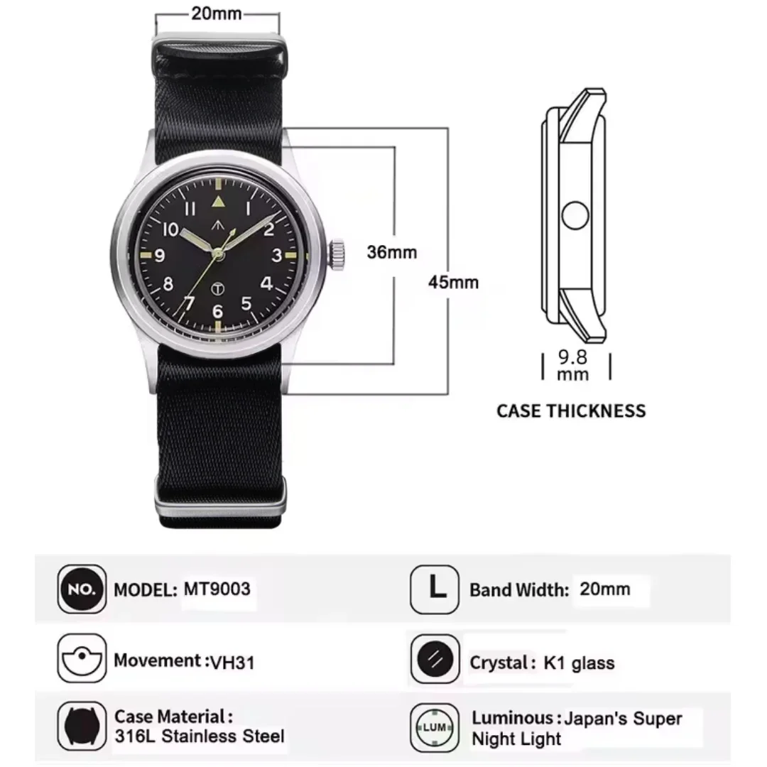 MILITREK MT9003 Мужские кварцевые часы VH31 36 мм Военные полевые уличные часы K1 Стекло Светящееся водонепроницаемое нержавеющая сталь Черный