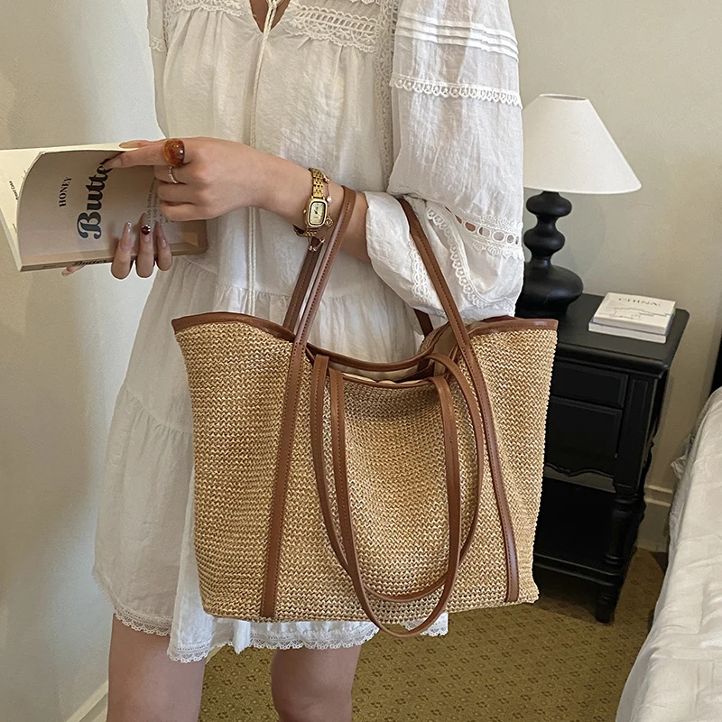 Women PU Leather Straw Woven Shoulder Bag Multi-Purpose All-Match Braid Totes Beach Tote Bags Travel Shopping Handbag