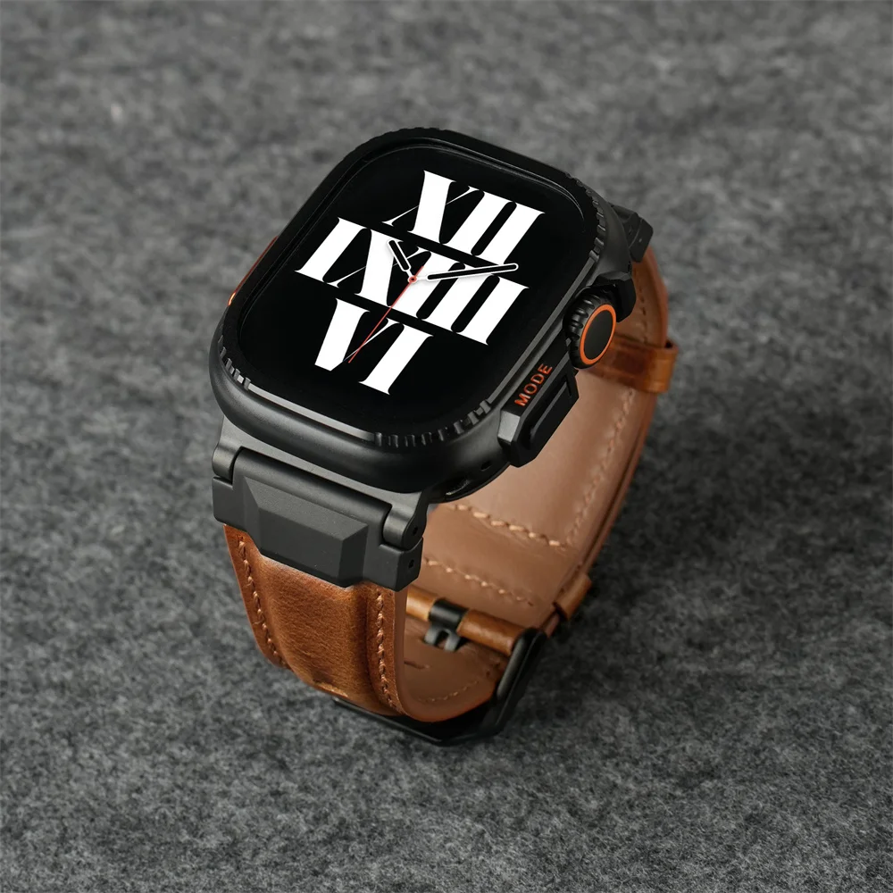 

Ремешки из натуральной кожи для Apple watch ultra 3 2 49 мм 44 мм 45 мм 46 мм НОВЫЙ браслет Mecha Design iWatch series 11 10 9 8 7 6 5 SE