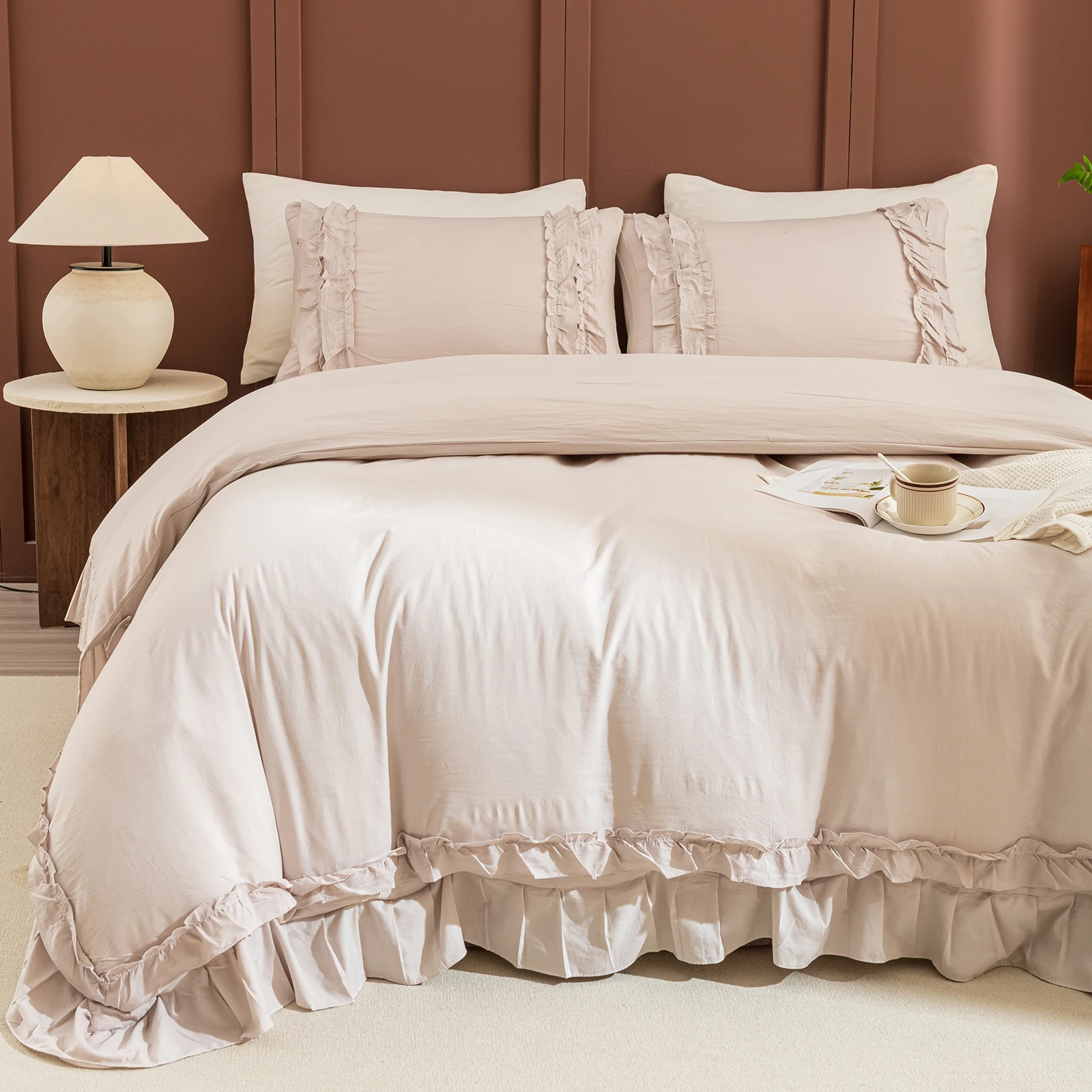 3PCS White And Khaki And Pink Duvet Cover Set Ruffled Chic Comforter Cover Boho Bed set soft lightweight Down Bedding Set