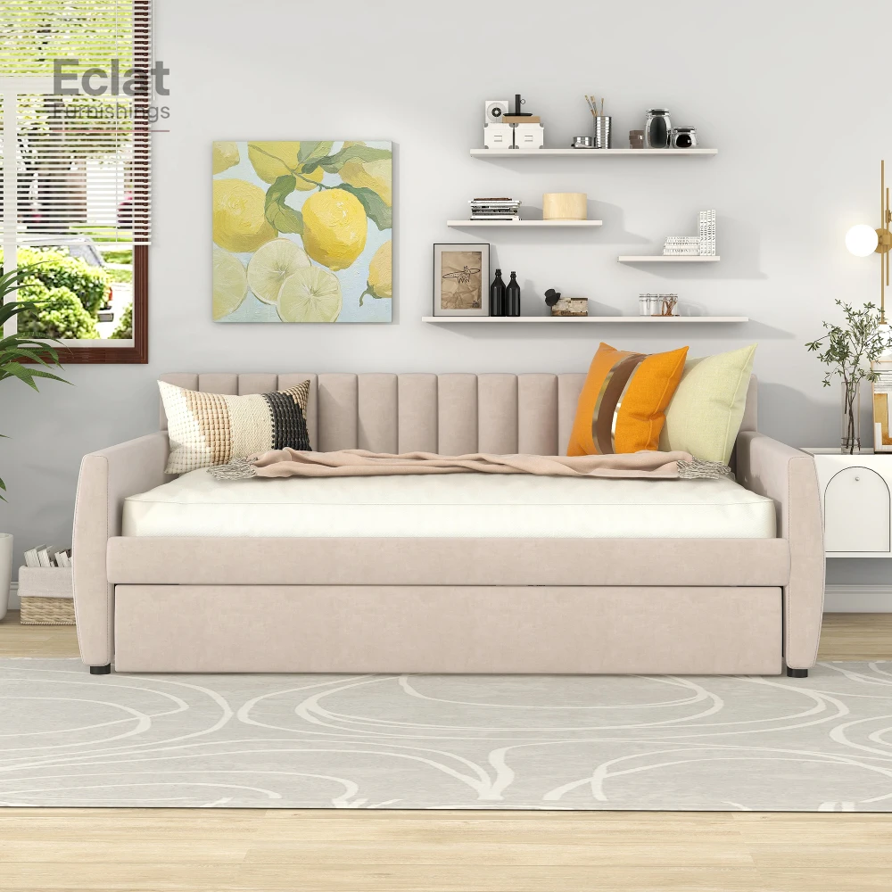 Sofá cama tapizado de tamaño completo con soporte de listones de madera y nido, color beige, muebles de salón, juego de sofás, muebles de salón,