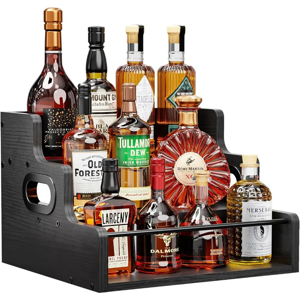3-Tier Countertop Liquor Wine Rack, Black Wooden Shelf Organizer for Spirits and Beverages