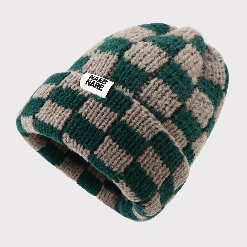 2023 New Checkered Beanies for Women Korean Style Big Head Thickened Warm Cover Plaid Knitted Ski Beanie Hats Gorras Para Mujer