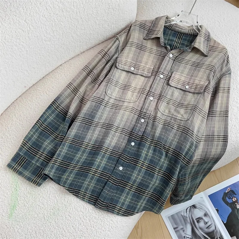 قميص نسائي 2025 صيف جديد متدرج بياقة ضيقة وأكمام طويلة بلوزة نسائية منقوشة من القطن الخالص عالي الجودة معطف رقيق