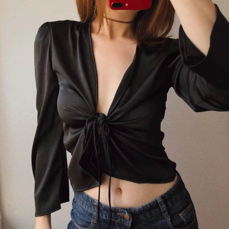 الرجعية بلون الساتان السلس الساتان قمصان موضة الخامس رابطة عنق على شكل حرف v عقدة طويلة الأكمام قصيرة الشمس Bloue مثير الملابس النسائية قميص #2