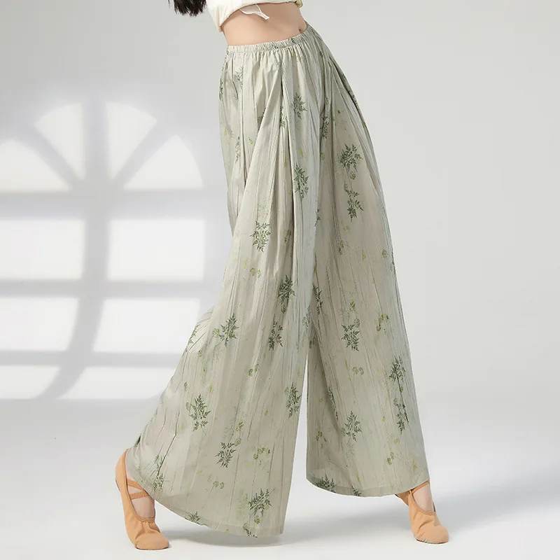 Chinese Traditional Dance Pants Wide Leg Loose Culottes Stretch High Waist Print Dancer Practice Skirt Women Hanfu Stage Clothes