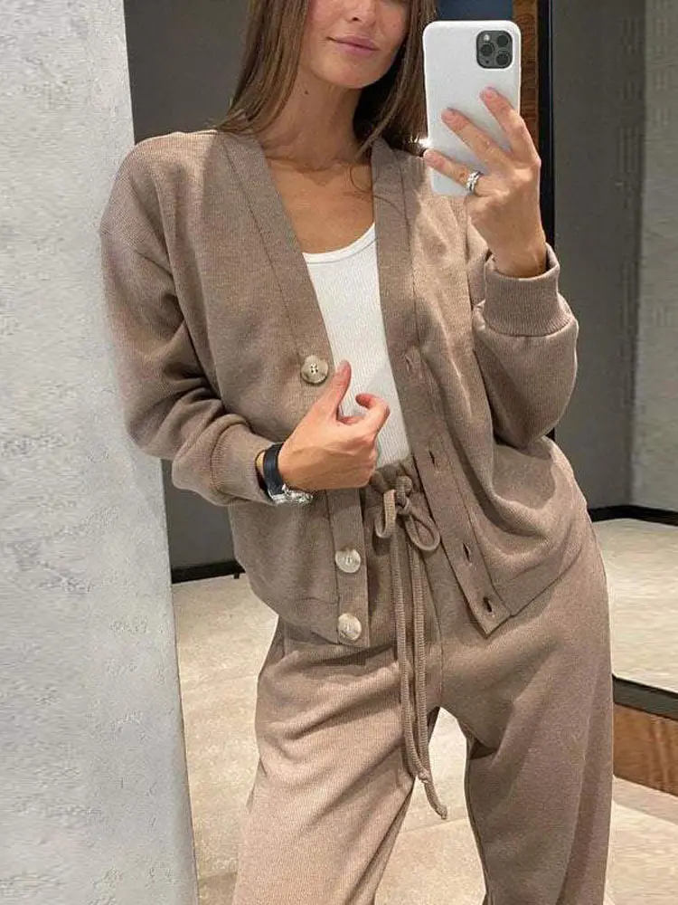 Casual Comfortable Cardigan Sports Pants Set Women Solid Color Top Drawstring Elastic Waistband Straight Leg Trousers Wholesale