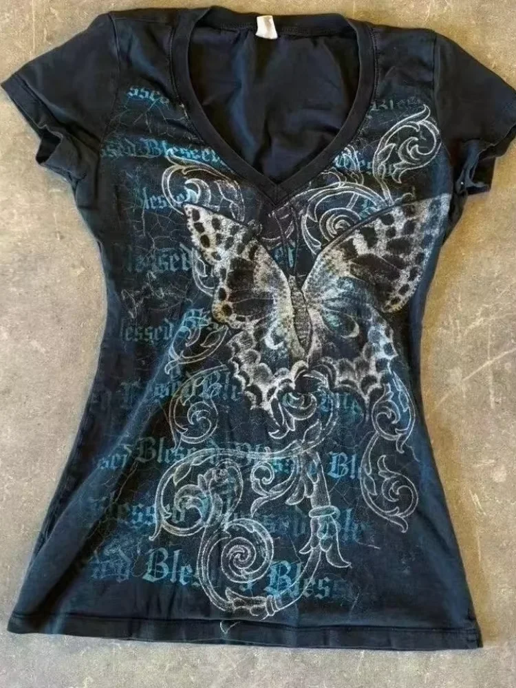 

Лето 2022, женские футболки в стиле Харадзюку Y2k, туника с v-образным вырезом и короткими рукавами, розовые футболки с принтом, укороченные топы, повседневная шикарная футболка Y2k