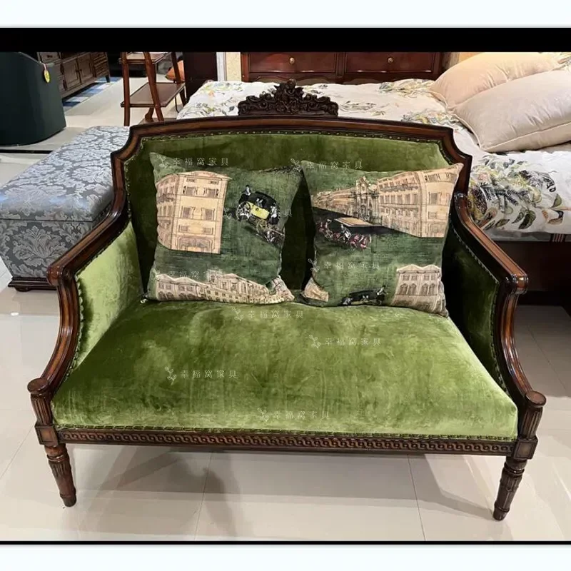 American Solid Wood Retro Fabric Sofa for Small Apartment Living Room Medieval Style Double Seater Club Leisure Chair