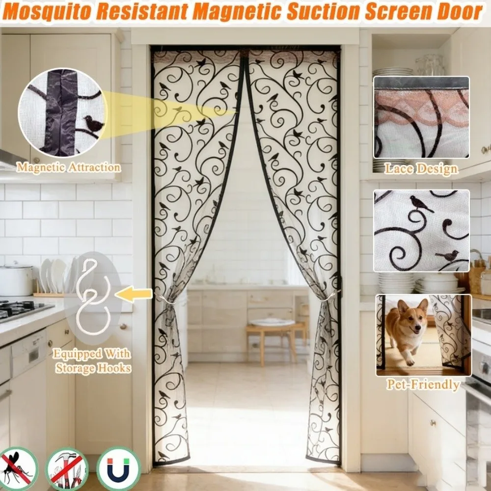 Vine Pattern Magnetic Screen Door No Drilling Breathable Mosquito-Proof Curtain Automatic Hands Free Design Mesh Door Screen