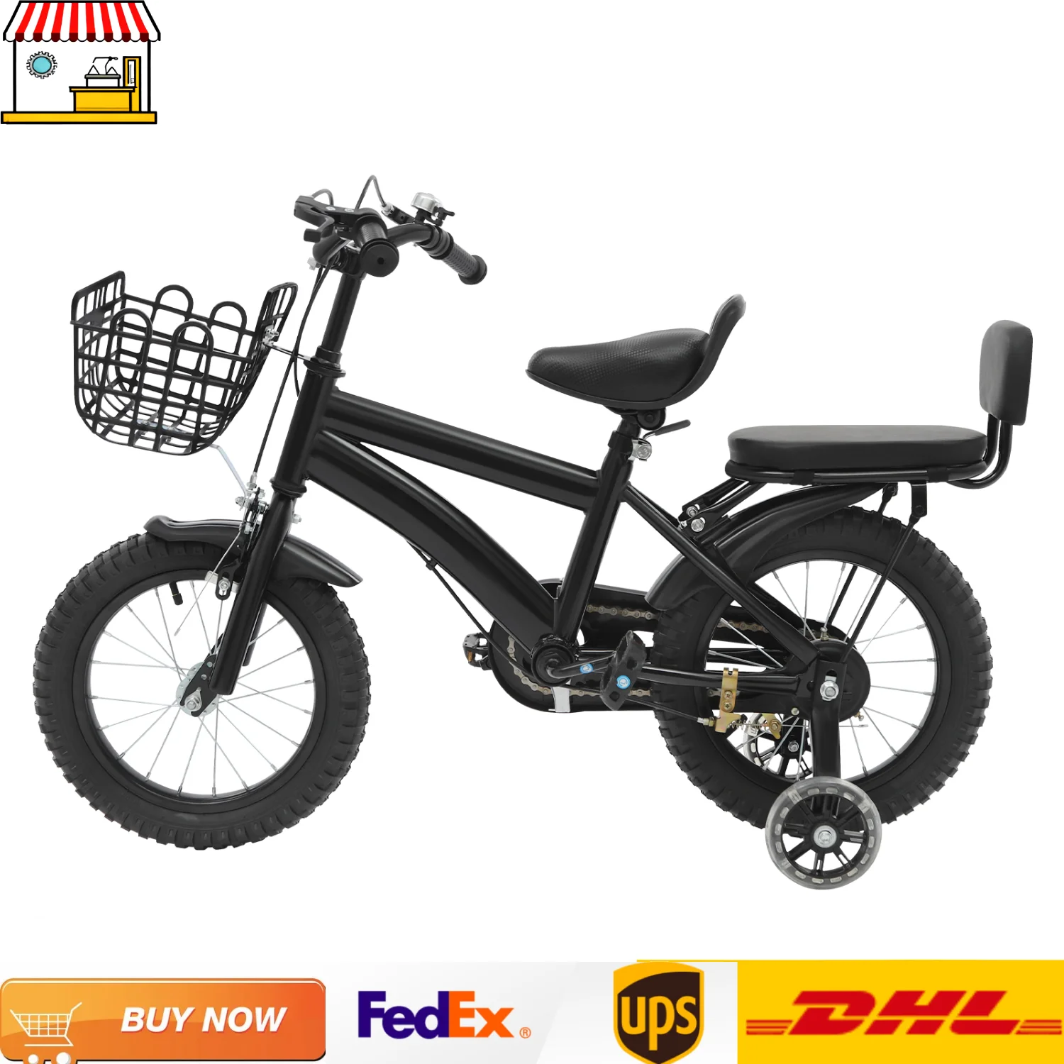 Vélo pour enfants de 14 pouces pour 3 à 7 ans | Vélo pour enfants blanc/noir avec siège arrière, panier pour débutants