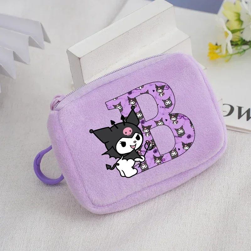 Sanrio Kuromi Plush Coin Purse Cute Letter A-Z Print Wallet Cartoon Anime Storage Bag Key Case Handbag Kids Girls Birthday Gifts