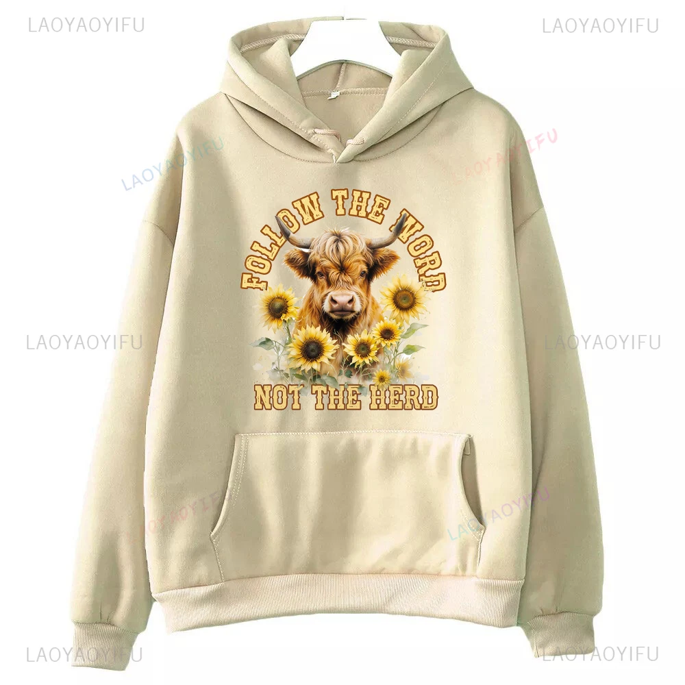 Follow The Word Not The Herd Flower Highland Cattle Cartoon Woman Print Hoodie Girlfriend Fashion Casual Drop Shoulder Pullover
