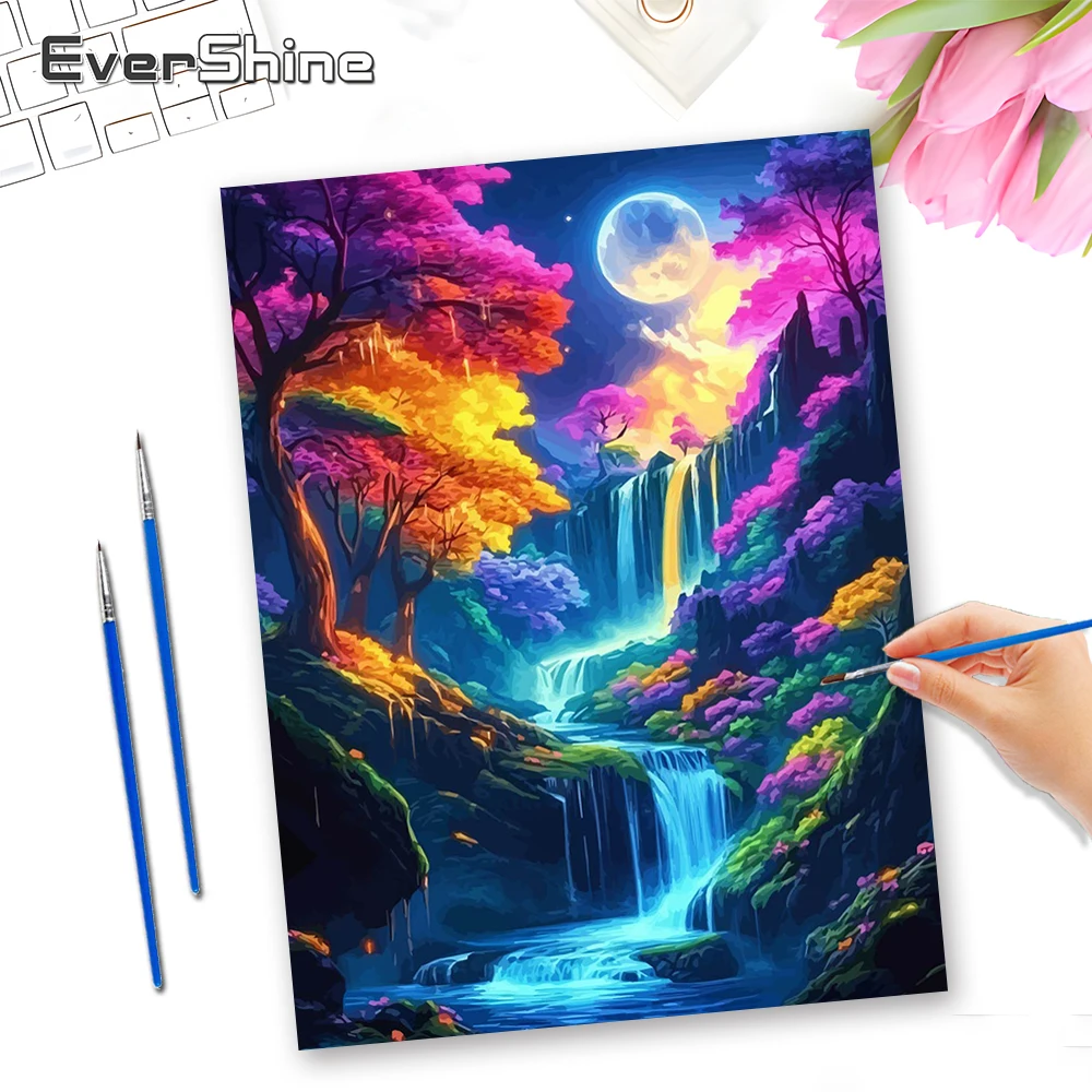 

Цифровая картина по номерам EverShine: Пейзаж с луной, красочными деревьями и водопадом. Набор для рисования на холсте для взрослых. Декор для дома.