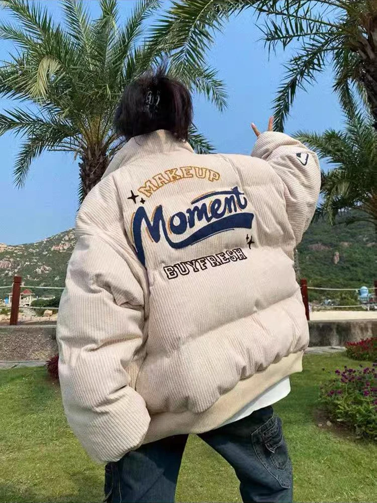 

Vintage Corduroy Embroidered Parkas Coats Women Y2K Winter Thick Warm Stand Collar Down Jacket Bf Harajuku All Match Streetwear