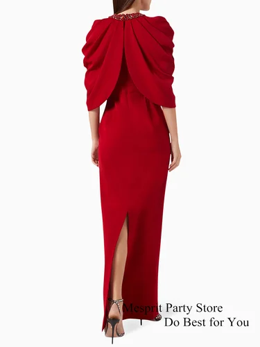 Imagen 2 del producto Vestido de fiesta rojo con capa, piedras de cristal personalizadas, vaina en la espalda, vestido de noche de mujer de Arabia Saudita dividido, فسات yleات 3).