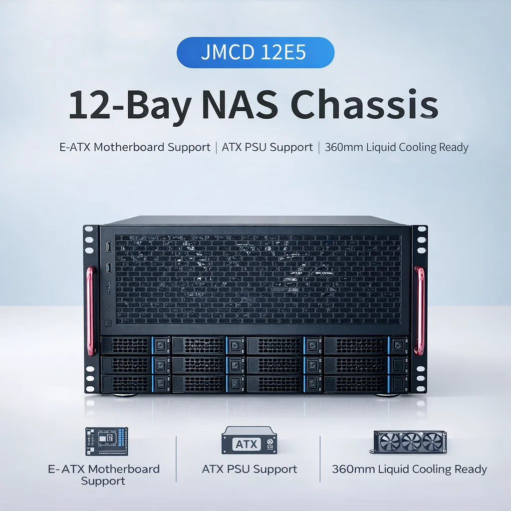 

12-Bay 6U Rackmount NAS Chassis, EATX Motherboard Support, 8 Full-Height PCIe, ATX PSU, AIO Case, 360mm Liquid Cooling Ready