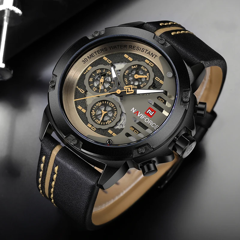 NAVIFORCE Men's Sports 24H Display Date Calendar Waterproof Watch Luminous Genuine Leather Strap Quartz Wristwatch Reloj Hombre