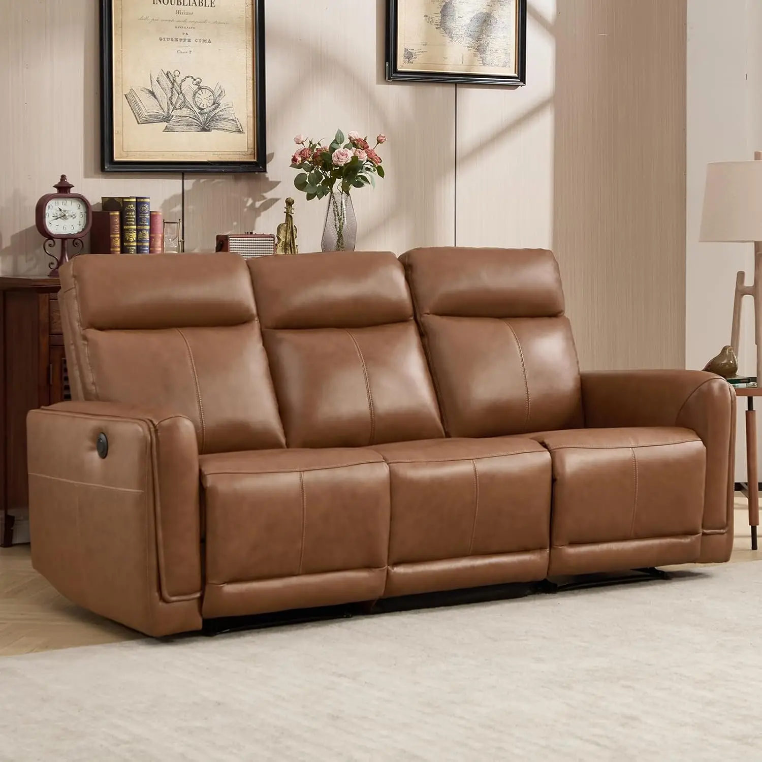 Genuine Leather Power Recliner Sofa, 3-Seat Power Reclining Sofa with Overstuffed Arms and Back, Electric Recliner, Customized