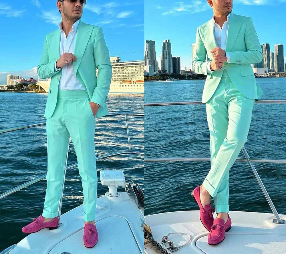 Mint Green Men\'s Suits Single Breasted Slom Fit Formal Blazer Traveling 2 Piece Jacket Pants Slim Fit Costume Homme