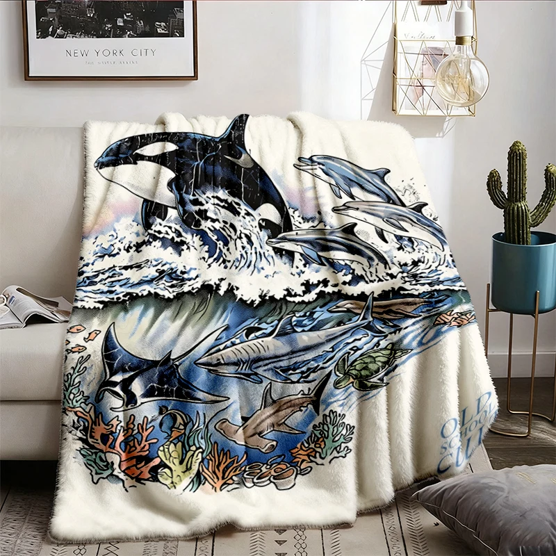 Vintage Orca Dolphin Ocean Flannel Blanket, Marine Life Graphic Flannel Blanket