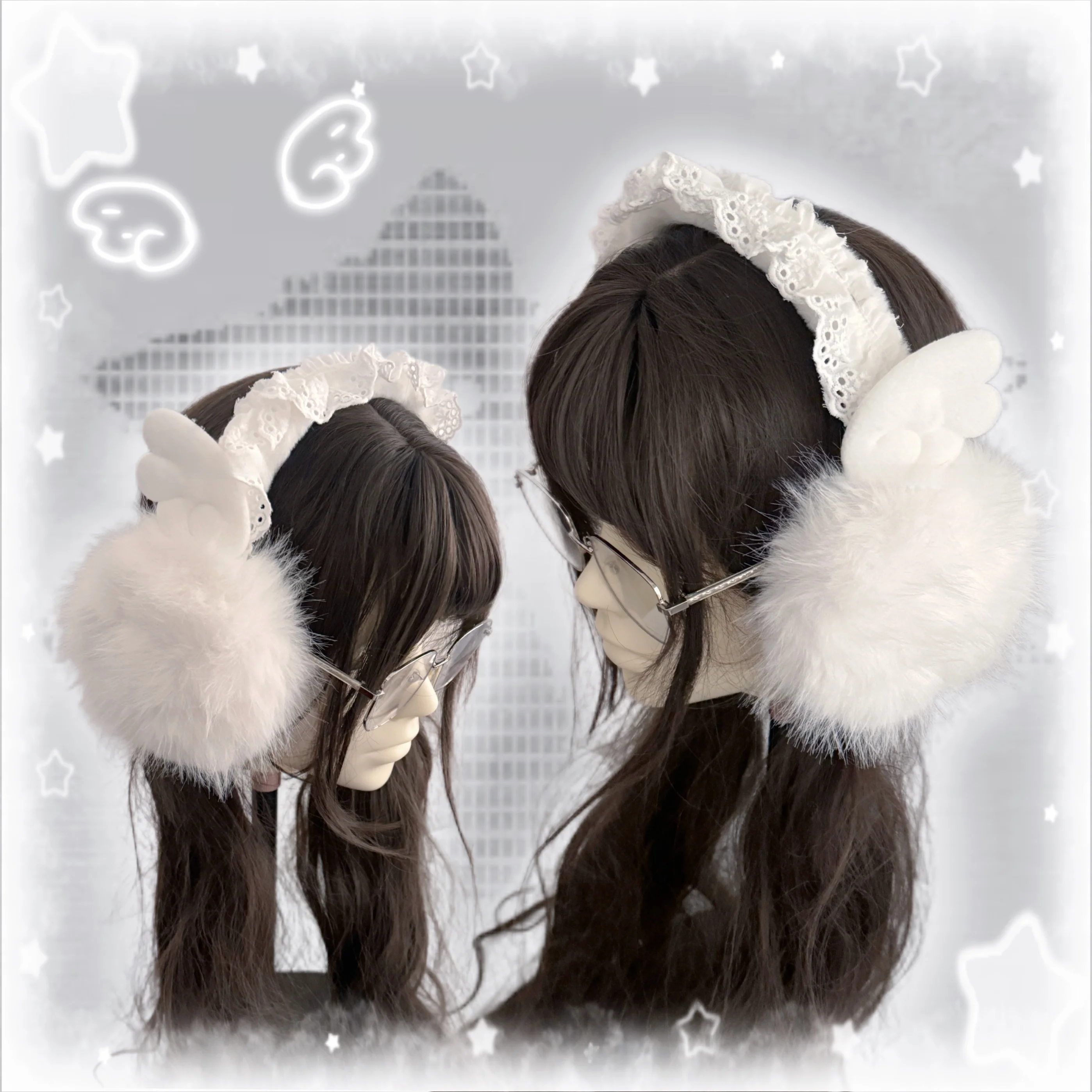 ハッピーモールオリジナル冬用エンジェルベビー韓国風レースウィングイヤーウォーマーおしゃれで暖かい耳カバー寒い天候用