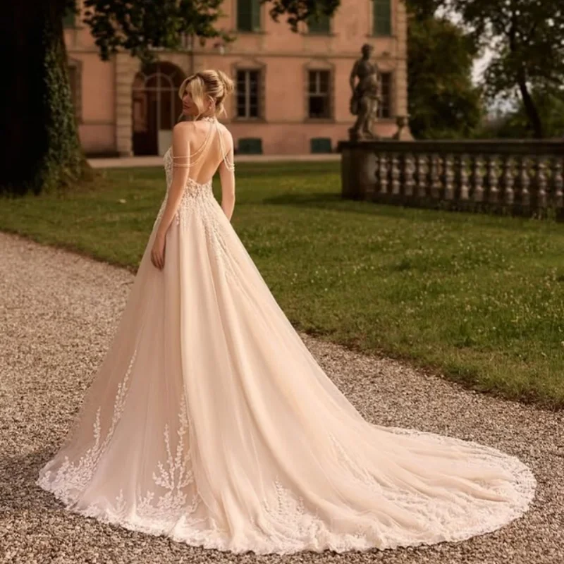 فساتين زفاف دانتيل عاجية مزينة بالدانتيل من فساتين الزفاف بدون أكتاف على شكل حرف A مصنوعة حسب الطلب #3