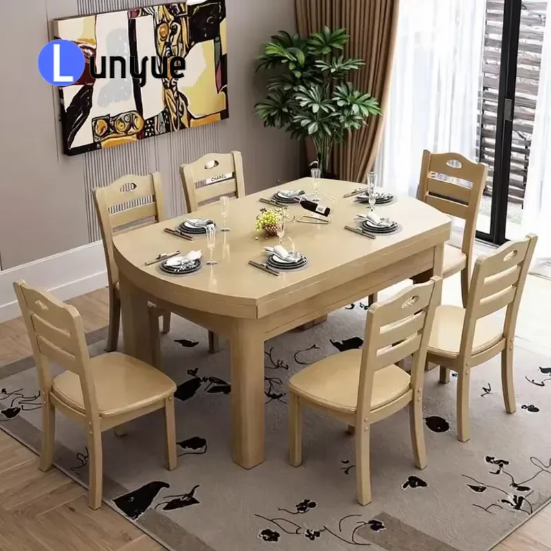 Solid Wood Dining Table and Chair Set Foldable Square Round Dual Purpose Household Restaurant Furniture Space Saving Durable