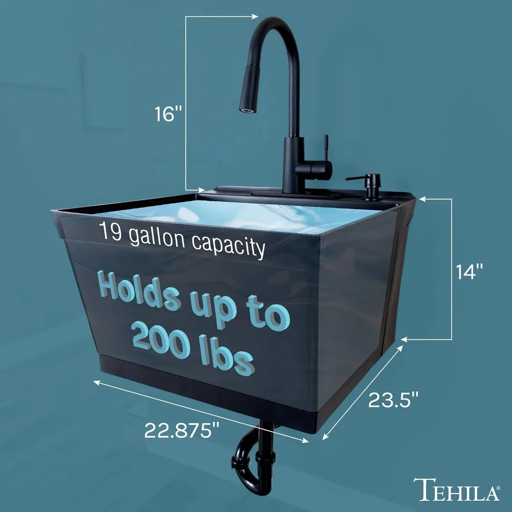 Wall-Mounted Utility Sink Tub Kit with Pull-Down Faucet for Laundry, Garage, Workshop