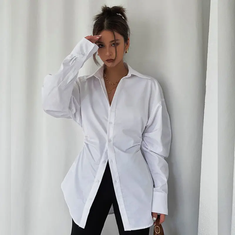 2023 Autumn Winter Women Turn Down Collar Long Sleeve Shirts New In Elegant Lady Slim Waist Cotton Blouse Shirring White Tops