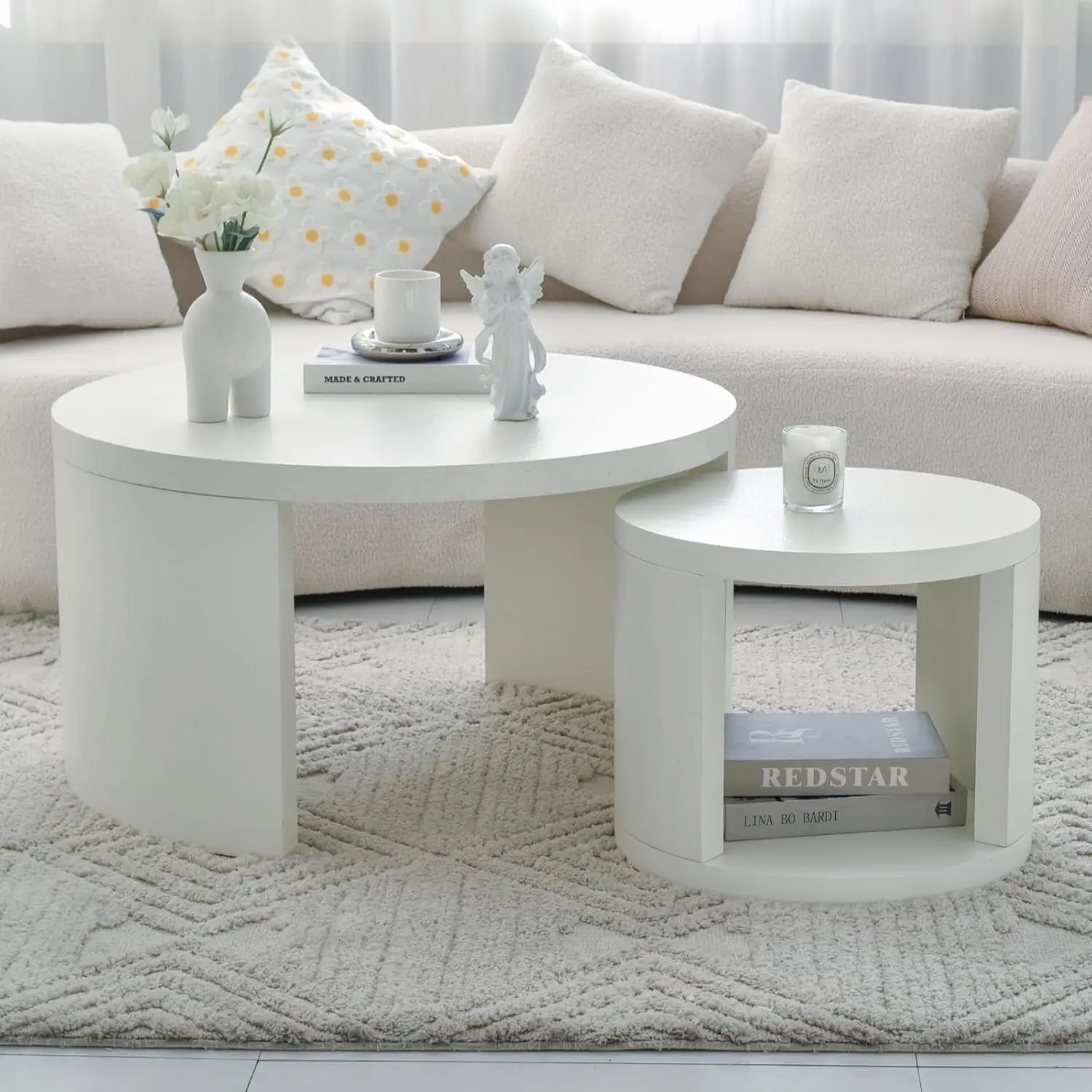 Round Nesting Coffee Table Set Of 2, 31.5 & 18 In Textured White, Customized
