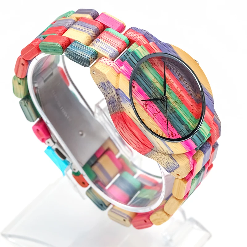 Colorful Bamboo Quartz Ladies Wooden Watch Bamboo Pattern Dial Design Colorful Wooden Strap Women\'s Wristwwatch Clock Gift D8196