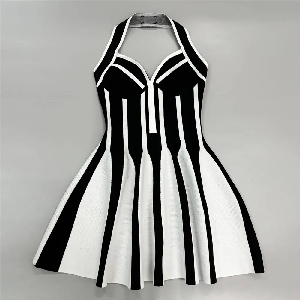 Jacquard Halter Short Dress Black White Vertical Stripes Sleeveless Hanging Neck Pleated Knit Mini Lengh Cocktail Party Dresses