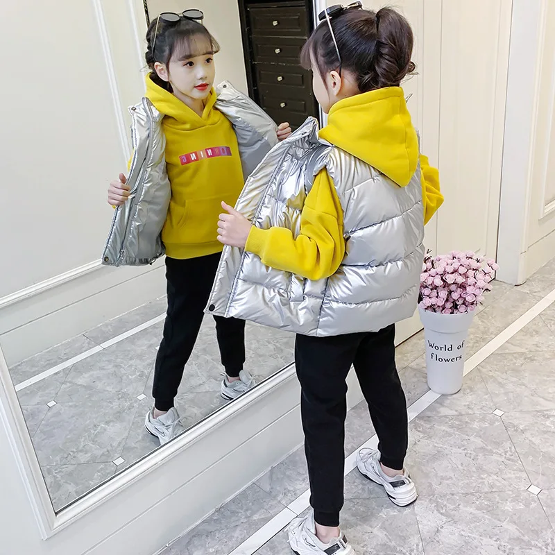 Winter Children Girl Clothing Set School Girl Thicken Hooded Sweatshirt+Shiny Vest Cotton Jacket+Thick Pants Set For Girls