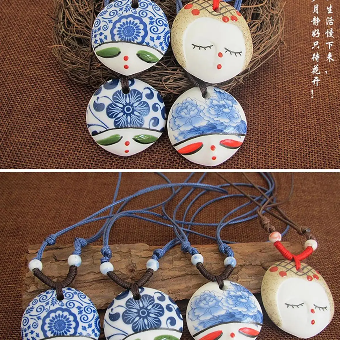 Hand Painted Colorful Face Necklace Ceramic Jewelry Women's Multi-color Fashion Woven Necklace Ethnic Style Vintage