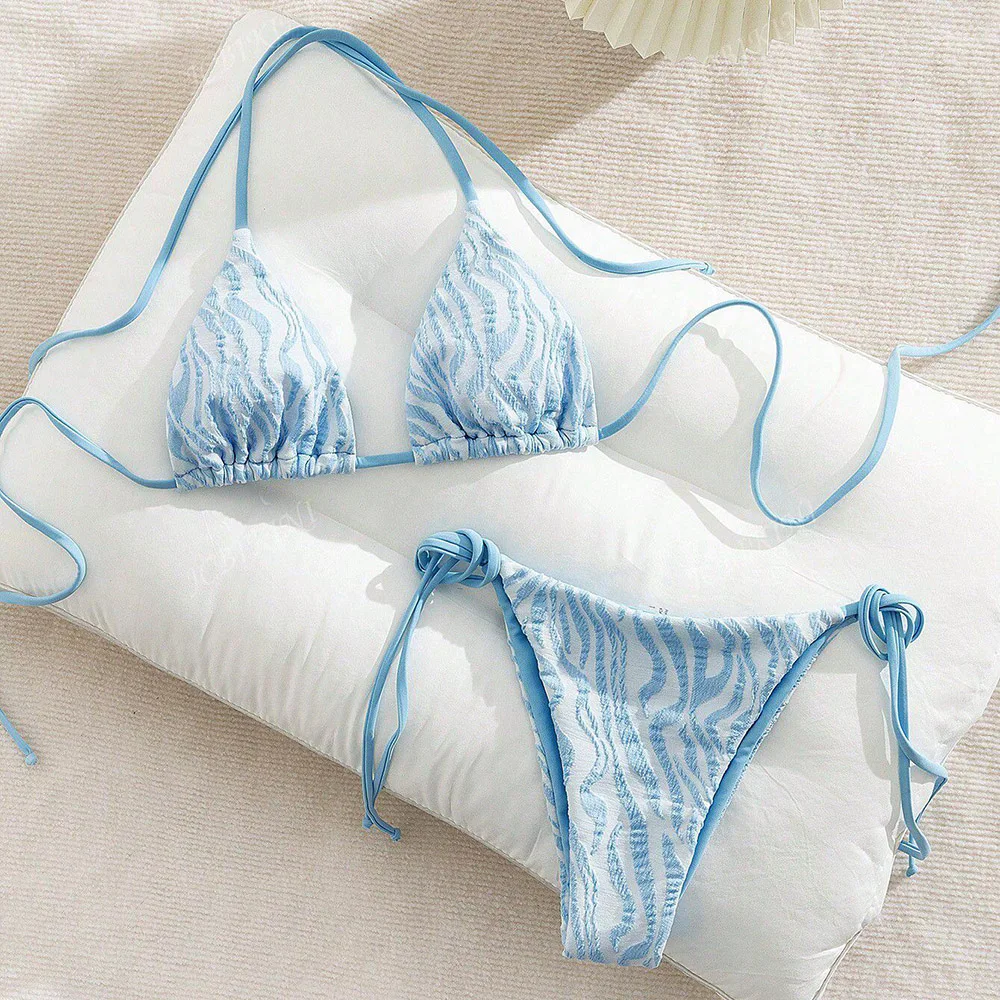

Сексуальное бикини на шнуровке 2026, женские синие рябьи бразильские бикини, разделенный купальный костюм, летний купальник, пляжная одежда