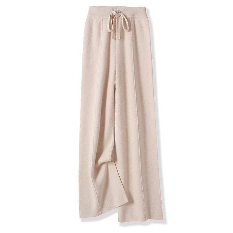 

High Waist Wide Leg Pants Mid-Seam Women 100% Merino Wool Trousers Classic Autumn Winter Knitted Warm Woman Cashmere Trousers