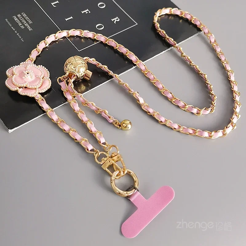 Mobile Phone Lanyard Crossbody Round Ball Telescopic Buckle Camellia Pickup Chain Neck Bag Metal Chain Mobile Phone Lanyard