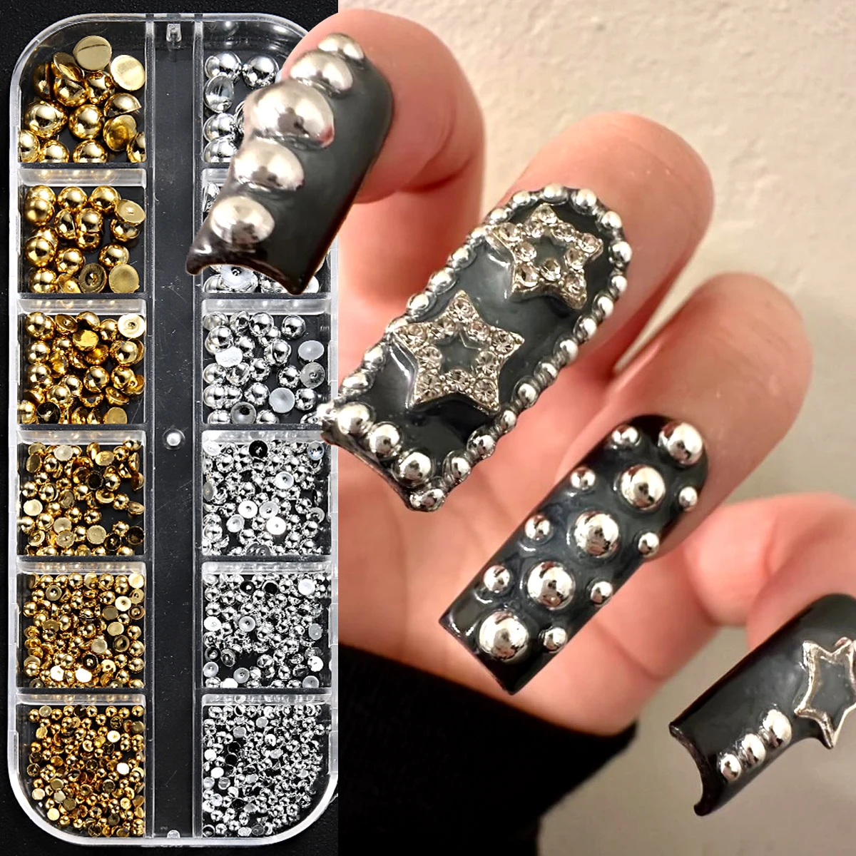 Mixed Gold Silver Metal Nail Studs Round Flat Back Beads Star Rivets Nail Charms, Multi‑Size Nail Art Decorations Punk Y2K Nail