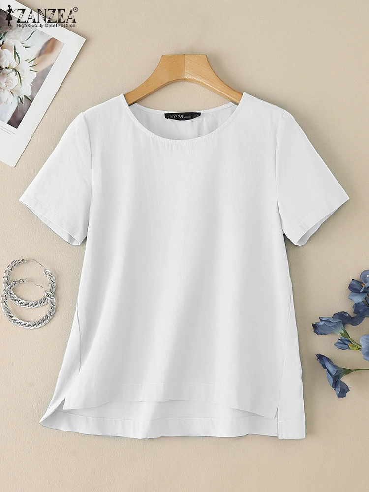 

Women Summer Solid Color Blouses ZANZEA Casual O Neck Shirt Elegant Short Sleeve Work OL Blusas Female Loose Chemise Tunic Tops