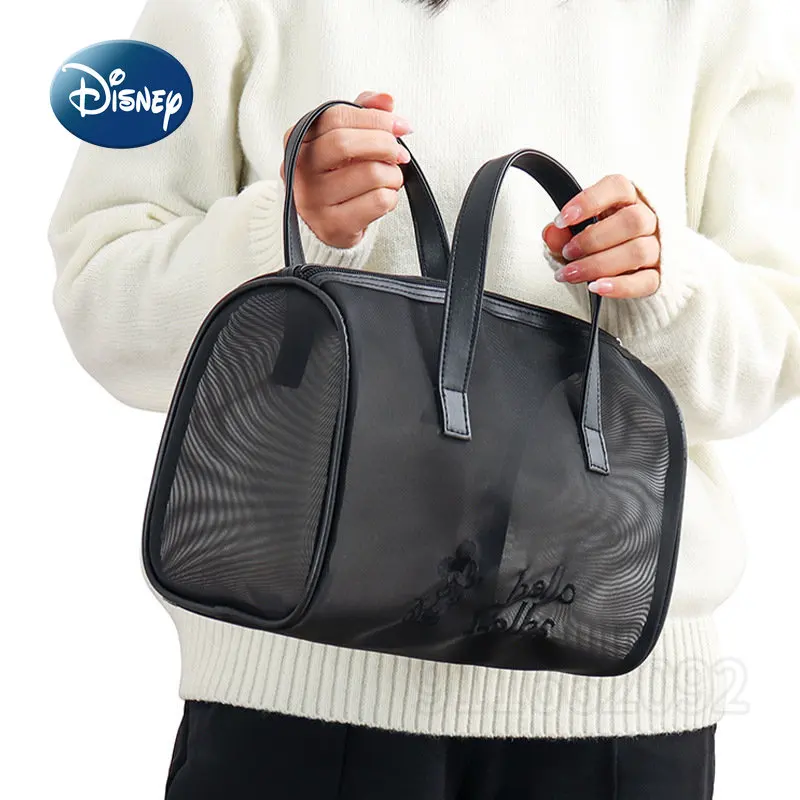 Disney Mickey Original New Makeup Bag Cartoon Mesh Translucent Handheld Makeup Bag Large Capacity Travel Cosmetics Storage Bag